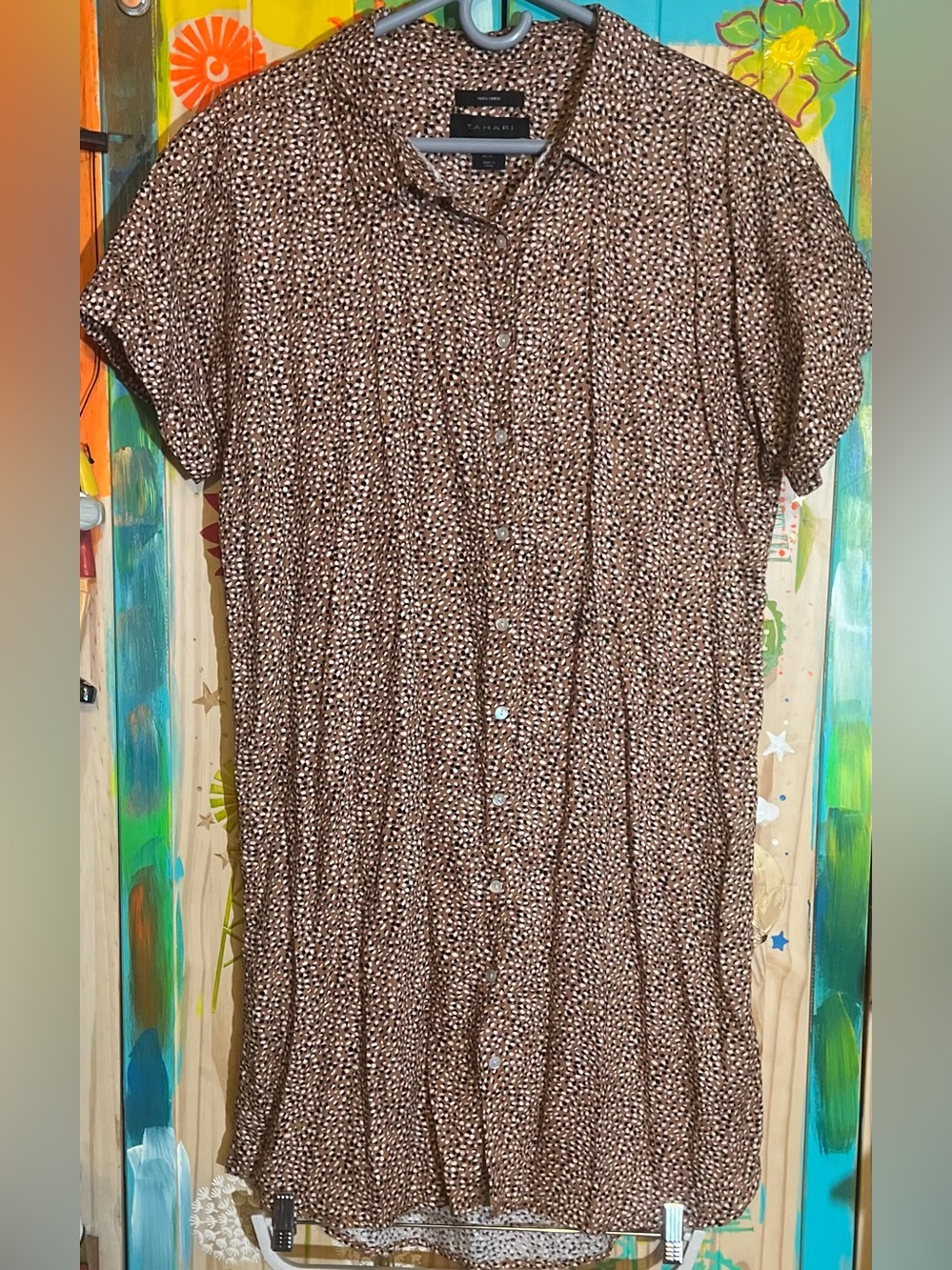 Tahari Brown and Cream Printed Midi Shirt Dress